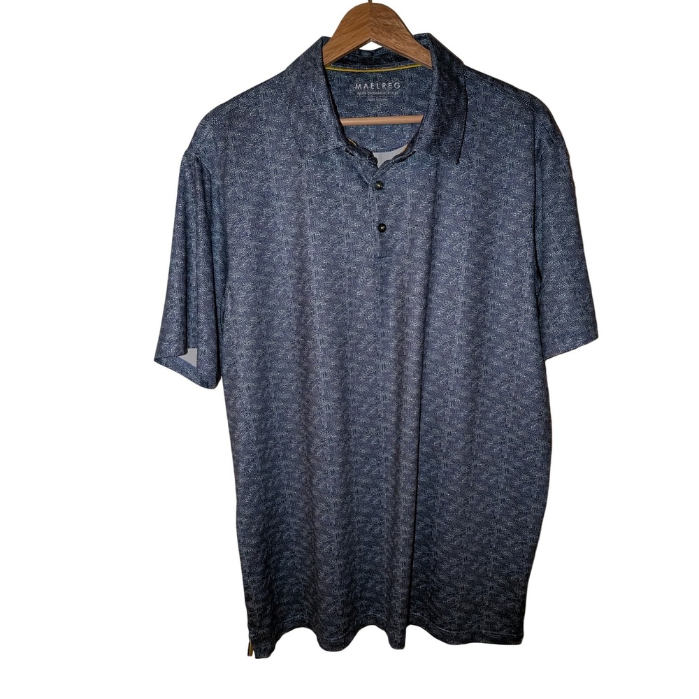 MAELREG Mens Performance Golf Polo Shirt Blue Geometric Maze Print Size Large
